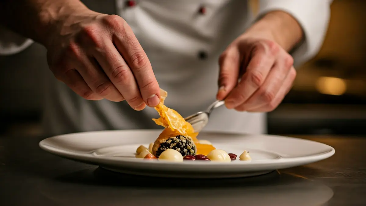 Imagen genérica de un chef emplatando un plato gourmet con miel y legumbres.