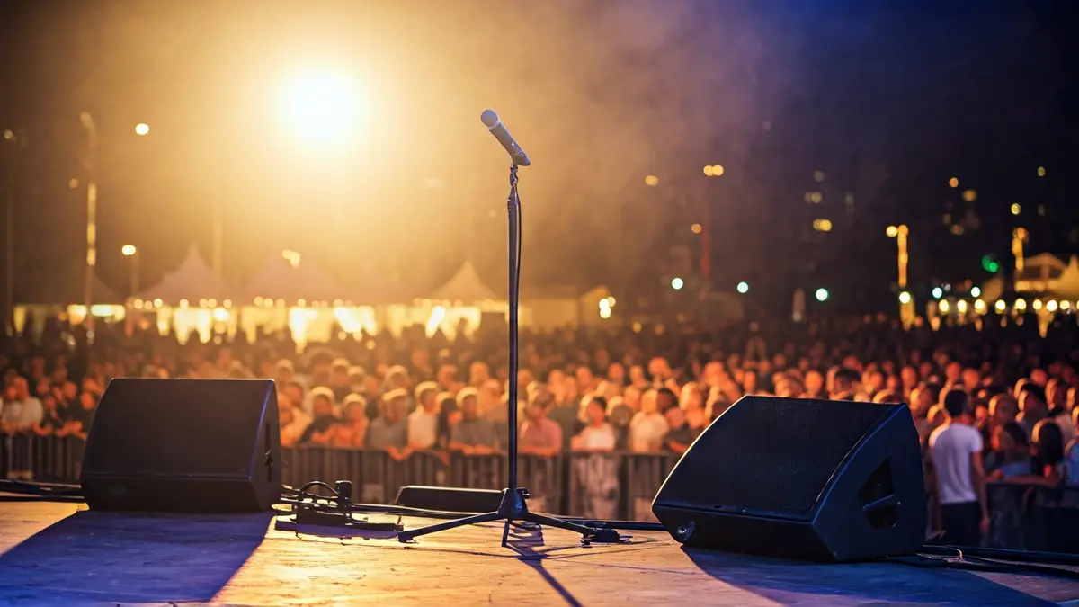 Escenario de concierto con micrófono y luces, ambiente de festival de música urbana.