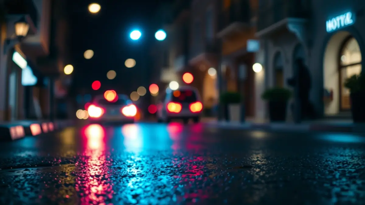 Imagen genérica de luces de emergencia reflejadas en el asfalto mojado de una calle mediterránea.