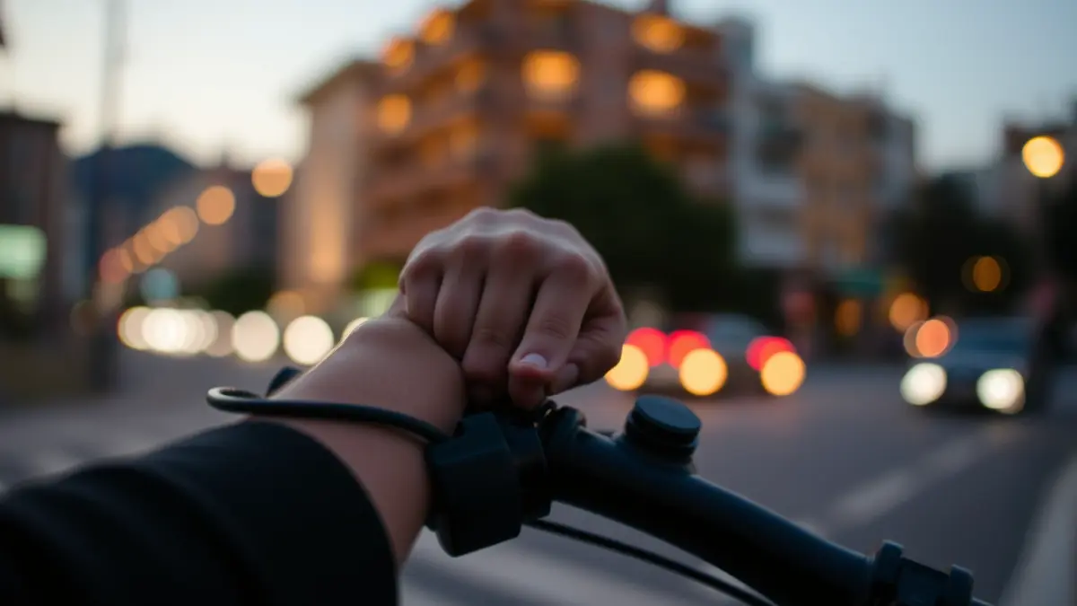 Generic image of a hand holding a bicycle handlebar in an urban setting at dusk.