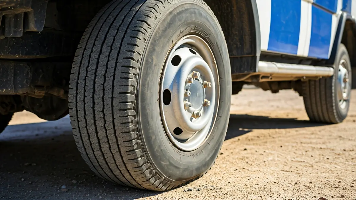 Imagen de un neumático desgastado de un vehículo policial, simbolizando la falta de mantenimiento.
