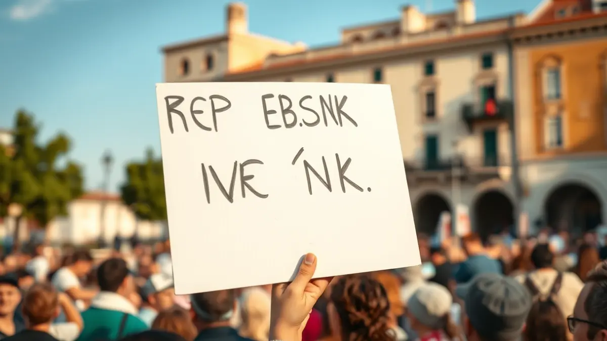 Imagen de una manifestación en un pueblo andaluz, con pancartas y gente protestando por el estado de las carreteras.