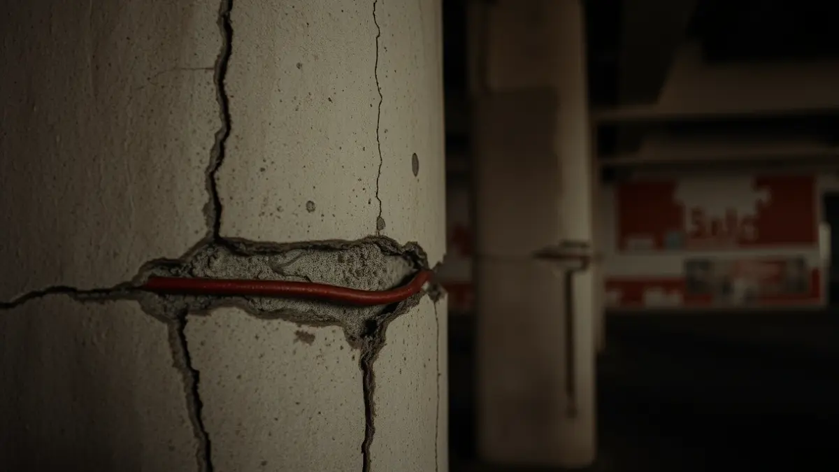 Imagen de un pilar de hormigón agrietado con armaduras oxidadas expuestas, en un entorno industrial.