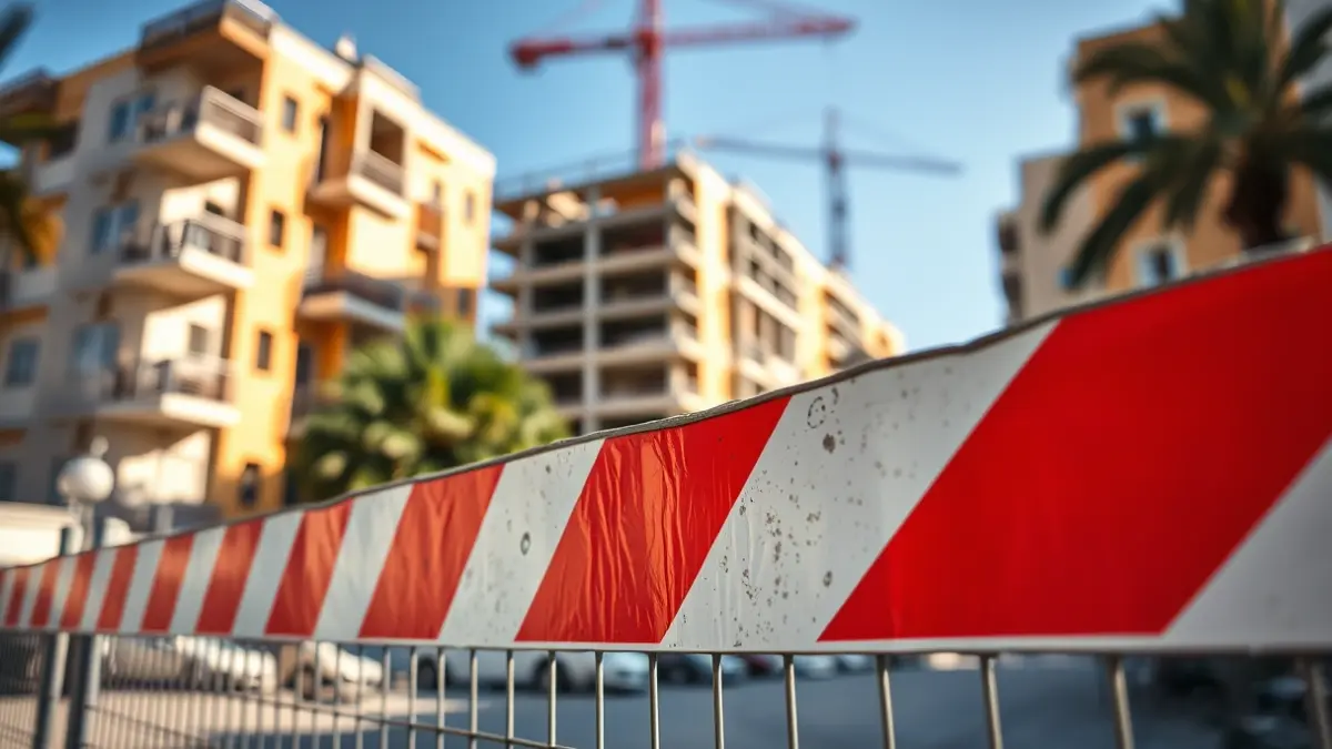 Imagen genérica de una barrera de obra con un edificio sin terminar al fondo, simbolizando retrasos.