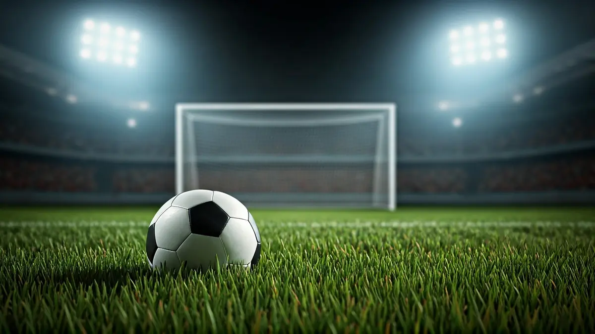 Generic image of a soccer ball on grass, with a blurred goal in the background.
