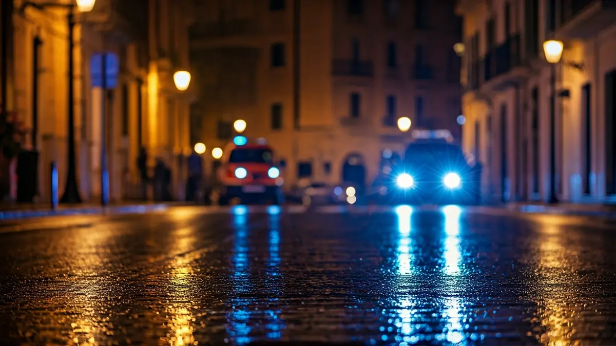 Generic image of emergency lights reflecting on a wet street at dusk.