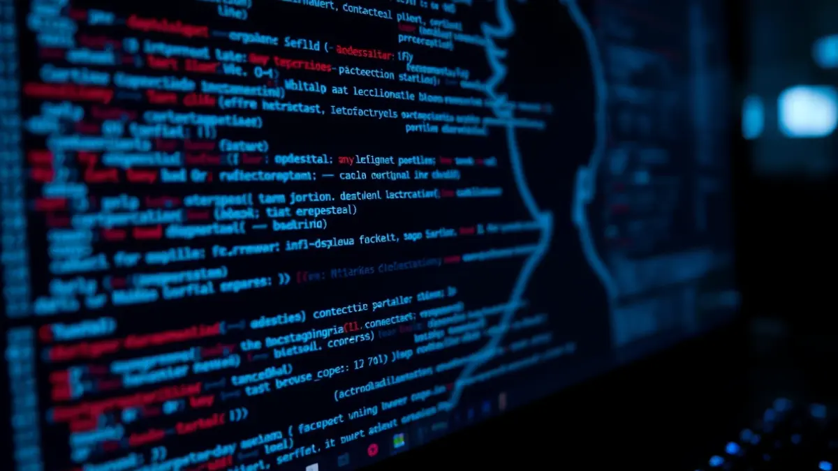 Image of a computer screen with code and digital graphics, with a manga character silhouette in the background.