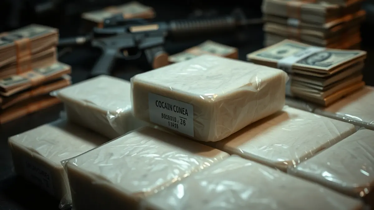 Imagen de ladrillos de cocaína, dinero en efectivo y un arma de fuego
