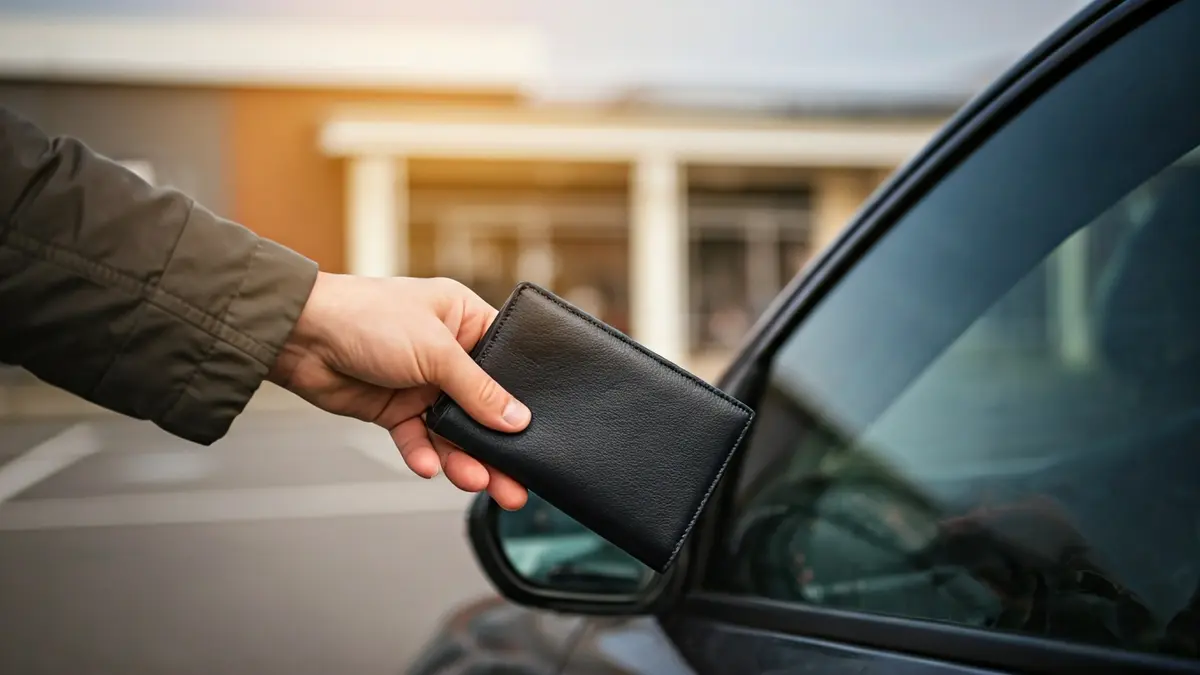 Imagen de una mano sustrayendo una cartera de un vehículo en un aparcamiento.