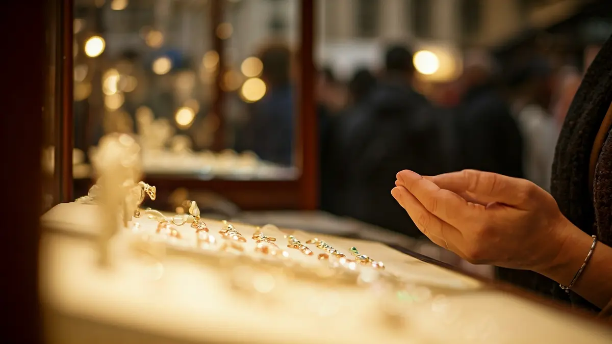 Imagen de una mano sustrayendo joyas de un expositor en una joyería.