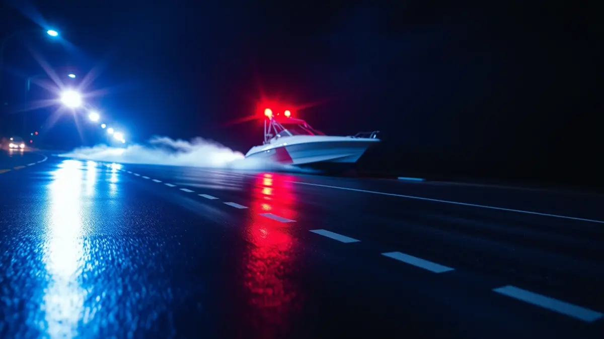 Imagen genérica de luces de emergencia reflejadas en el agua durante una persecución marítima.