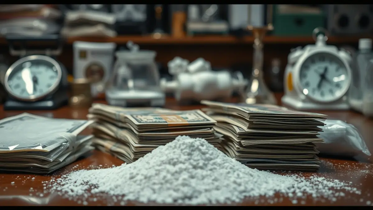 Imagen de dinero en efectivo y drogas incautadas en una operación policial.