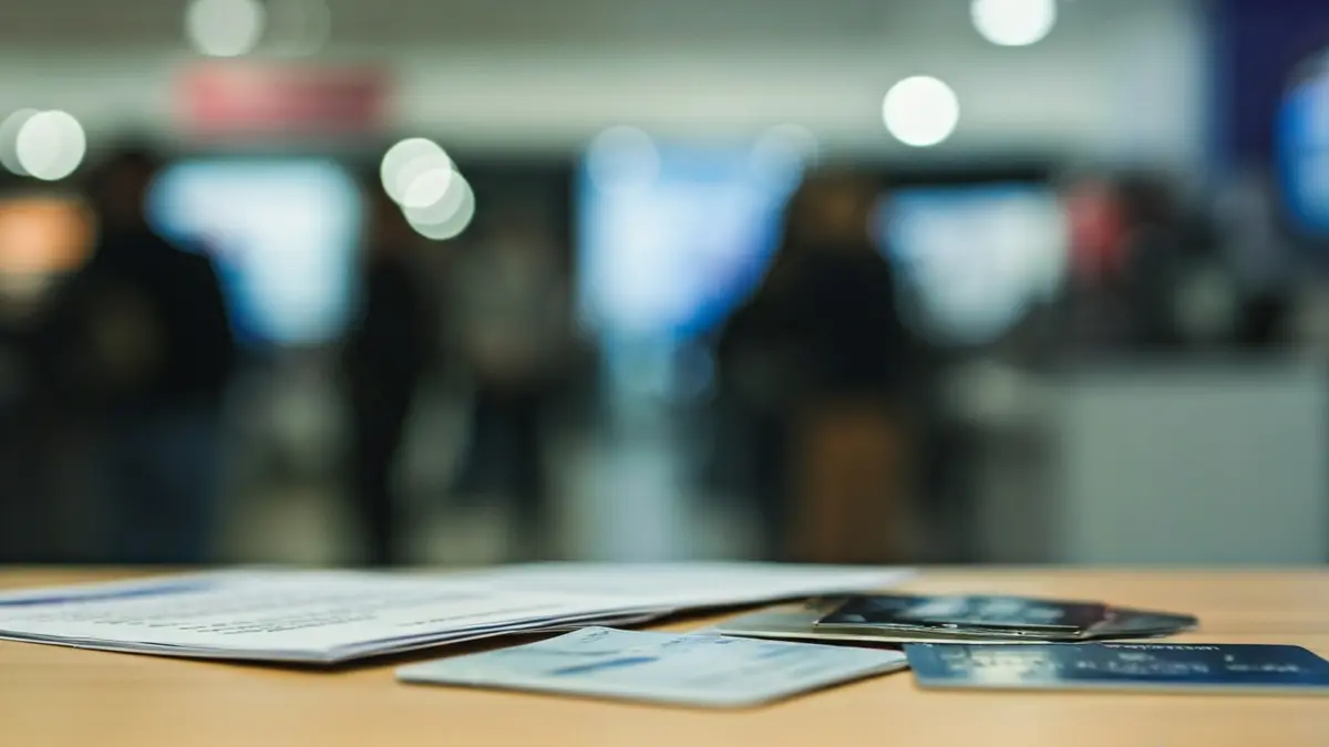 Documentos de identidad y tarjetas de crédito sobre una mesa, con el fondo borroso de una tienda de telefonía.