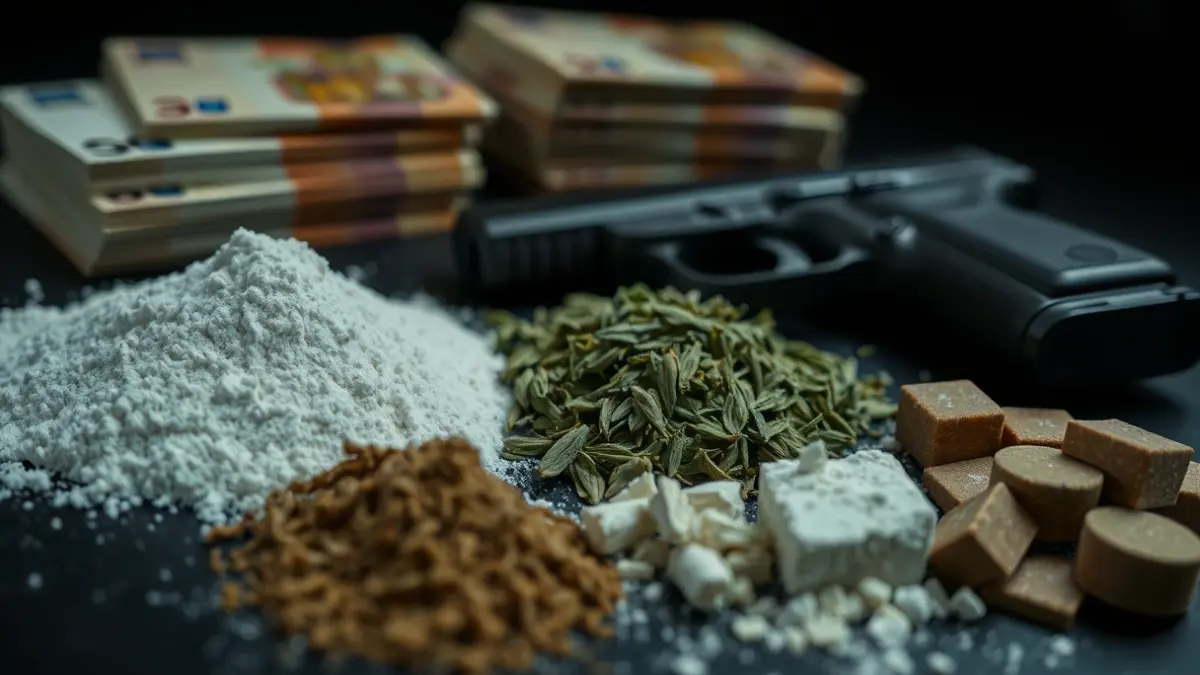 Sustancias estupefacientes, dinero en efectivo y armas incautadas en una operación policial.