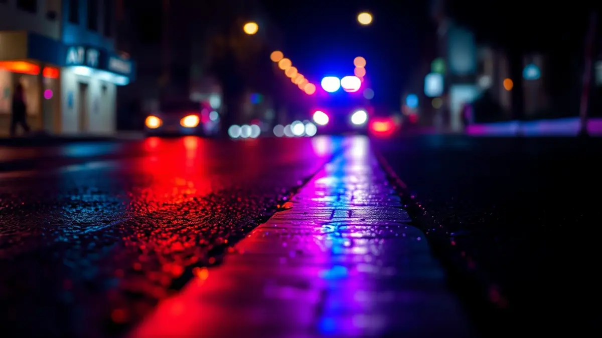 Imagen genérica de luces de emergencia policiales reflejadas en el asfalto mojado.