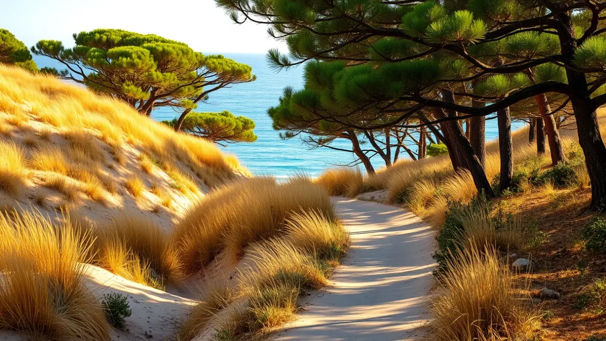 Sendero costero en Rota con playas de arena dorada y pinos.