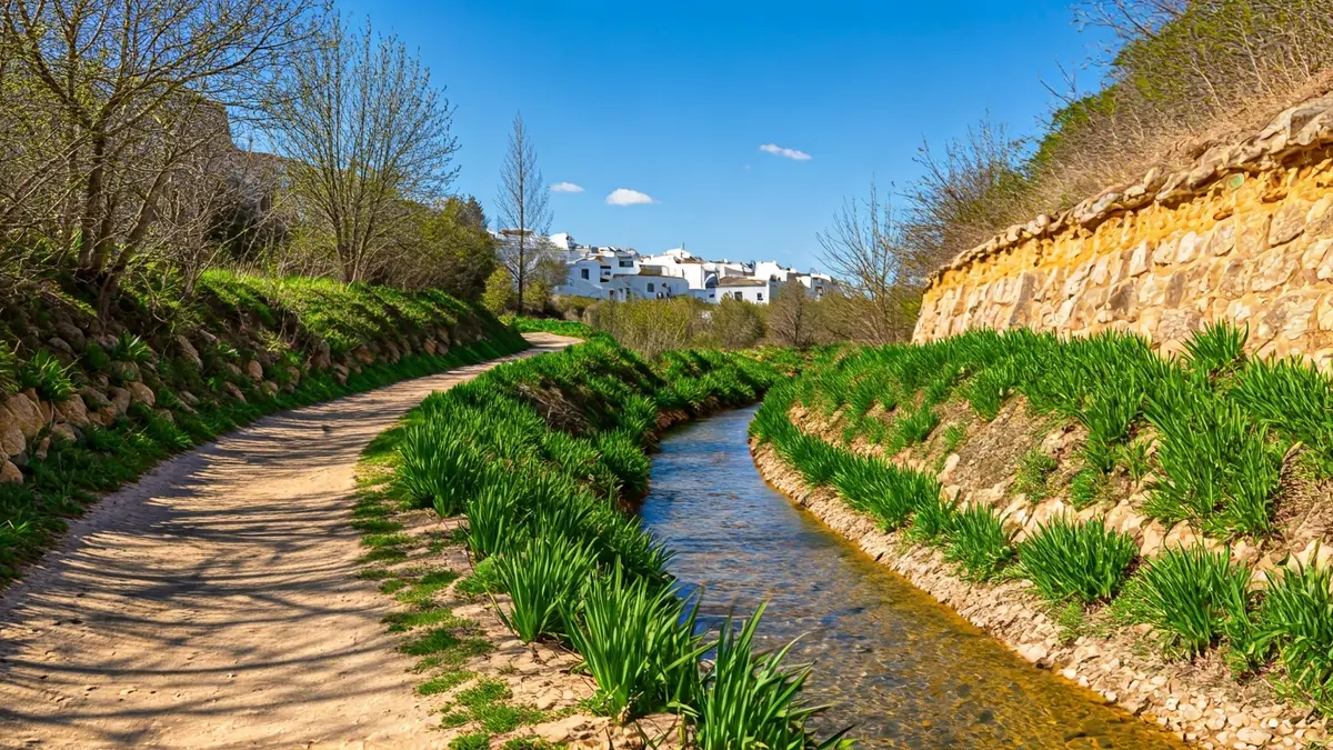 Hiking trail in Frigiliana, Malaga, with irrigation channel and river.