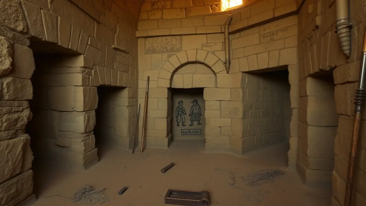 Interior of a castle tower with hidden passages and ancient graffiti.