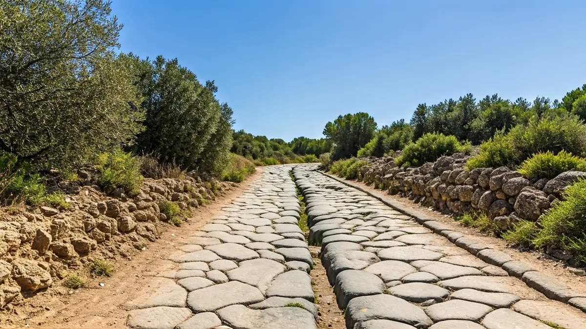 Image of an ancient Roman road with wheel marks in an Andalusian landscape.