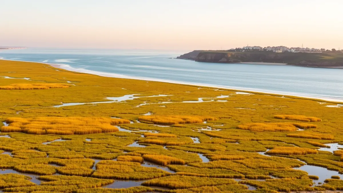 Image of a tranquil river beach in Huelva, with marshes and the Portuguese coast in the background.