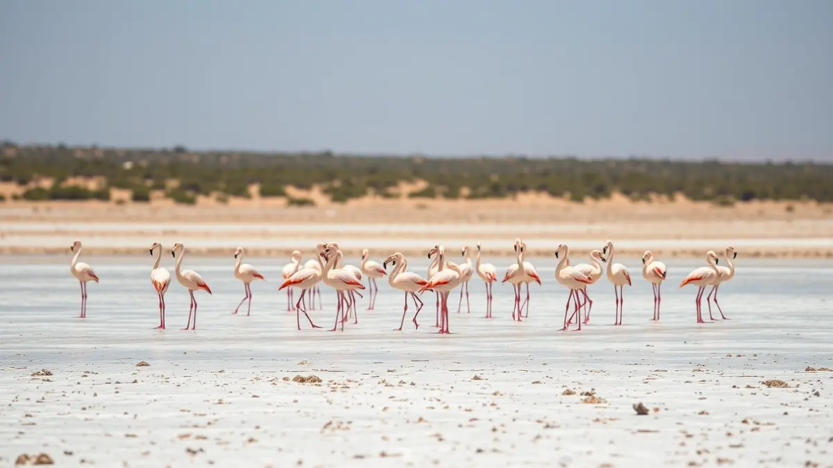 Flamingos in a dried salt flat in Cabo de Gata, Almería.