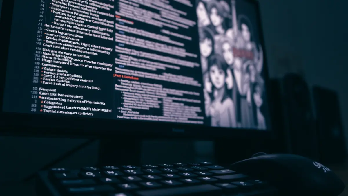 Image of a computer screen with code and manga drawings, symbolizing digital piracy.