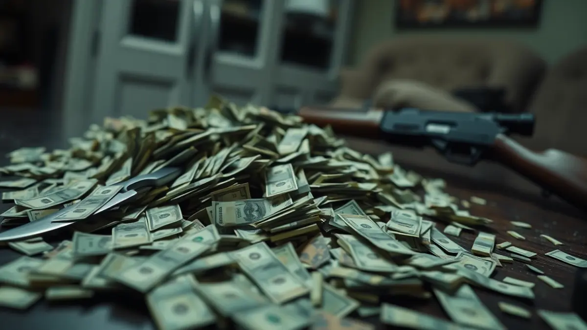 Image of cash, a machete, and a rifle, items seized in a police operation.