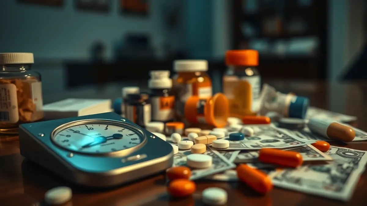 Imagen de drogas incautadas, una báscula de precisión y dinero fraccionado.