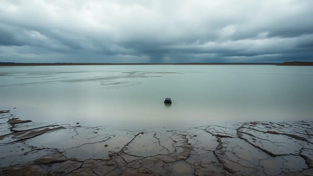 Image of a low-water reservoir, revealing muddy banks.