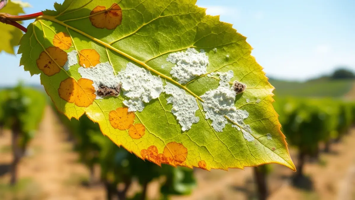 Imagen de una hoja de vid afectada por mildiu, con manchas amarillentas y moho blanco.