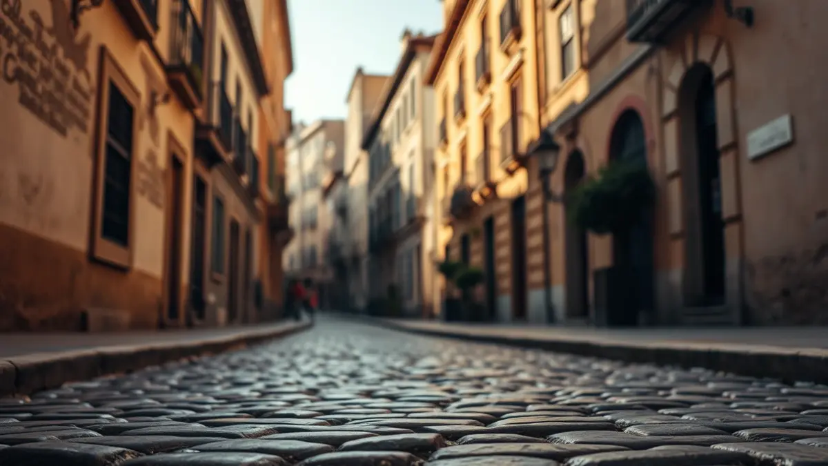 Imagen de una calle empedrada en un barrio histórico de Granada.