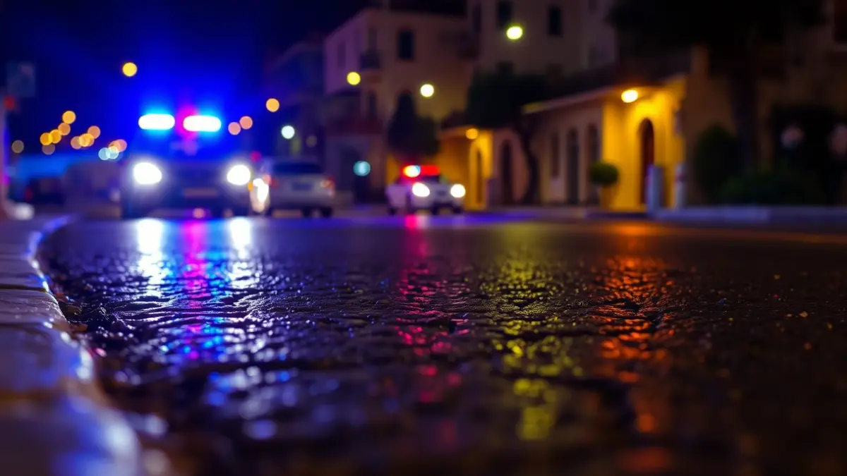 Imagen genérica de luces de emergencia policiales reflejadas en el asfalto mojado.