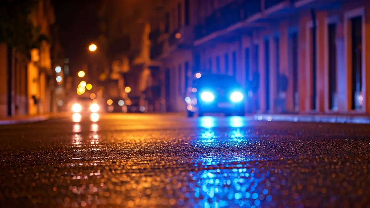 Generic image of police emergency lights reflecting on wet asphalt.