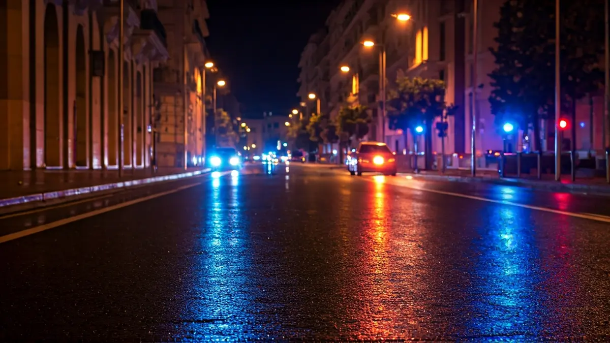 Generic image of police emergency lights reflecting on wet asphalt.