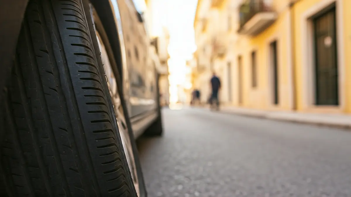 Imagen de un neumático de coche pinchado en una calle de Aznalcázar.