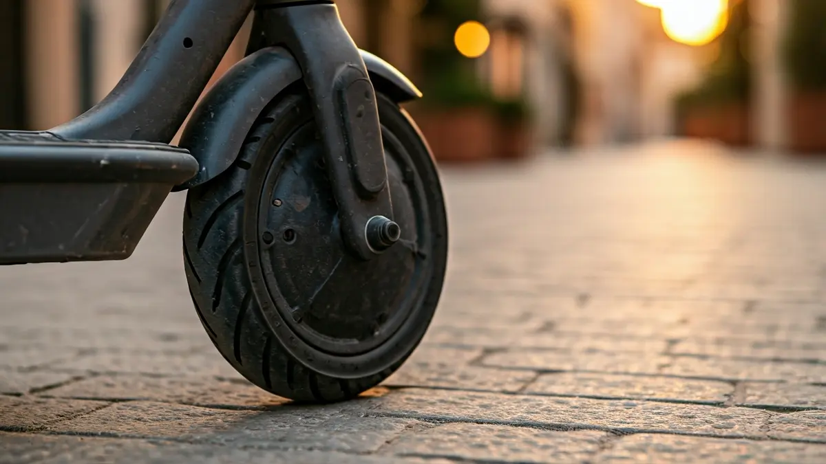 Imagen genérica de un patinete eléctrico aparcado en una acera de piedra, con luz cálida de atardecer.