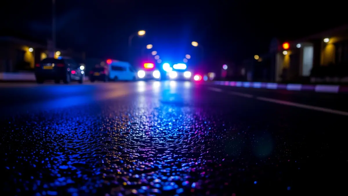 Imagen genérica de luces de emergencia policiales reflejadas en el asfalto mojado.