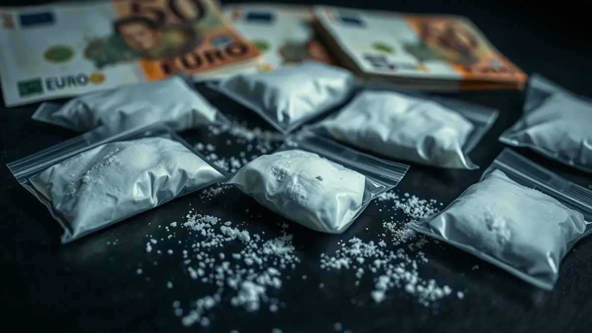Image of several small bags with designer drugs and euro banknotes.