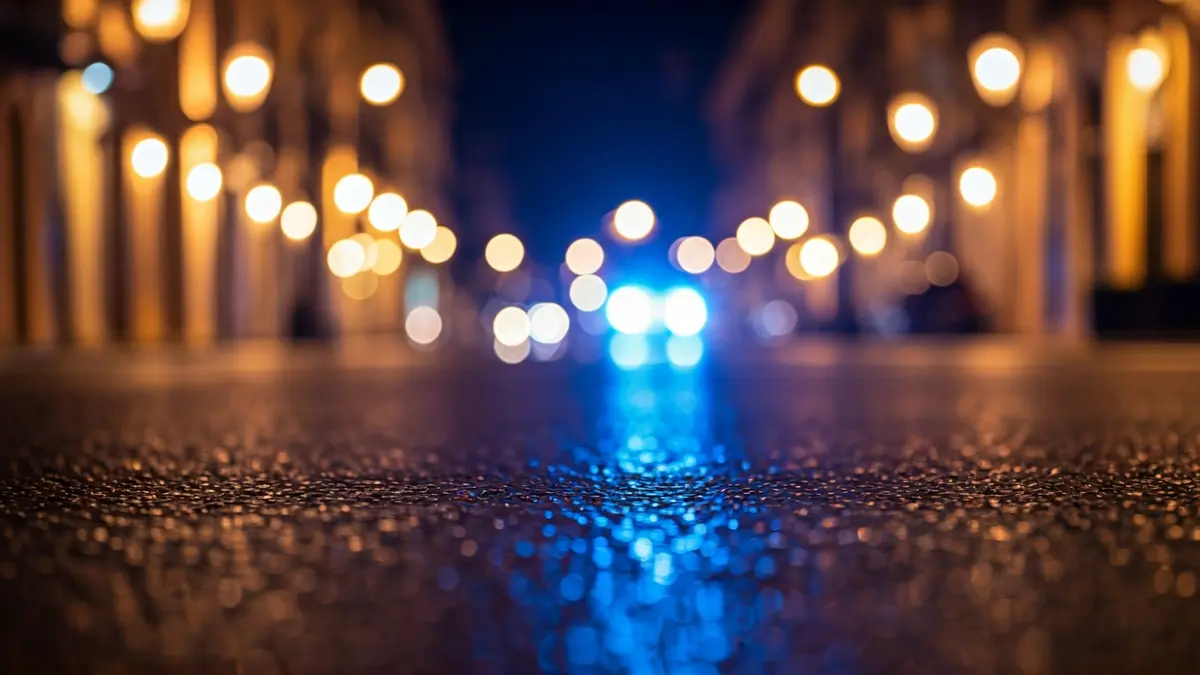 Imagen genérica de luces de emergencia de la policía reflejadas en el asfalto mojado por la noche.