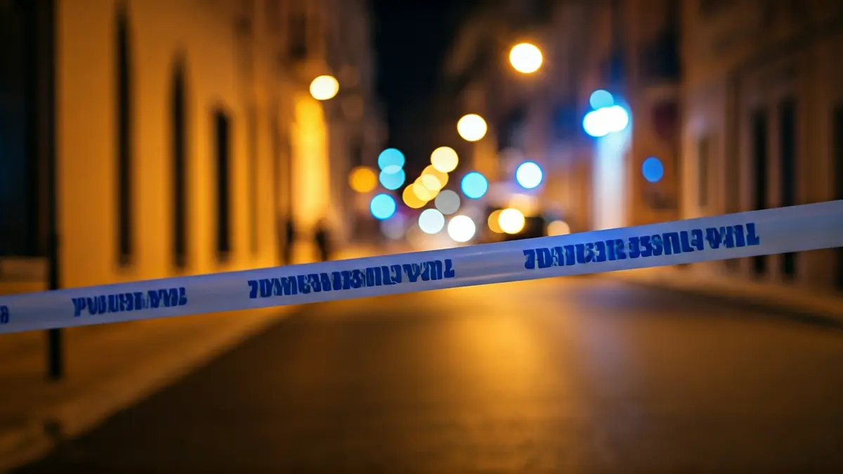 Imagen genérica de cinta policial en una calle con luces de emergencia borrosas al fondo.