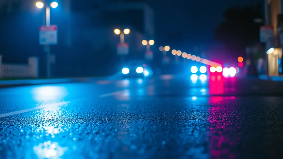 Imagen genérica de luces de emergencia policiales reflejadas en el asfalto mojado.