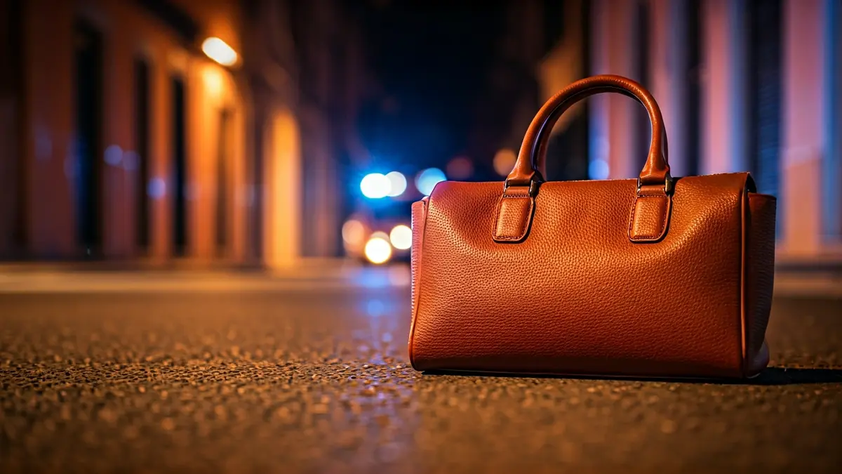 Imagen de un bolso en el suelo de una calle, con luces de emergencia borrosas al fondo.