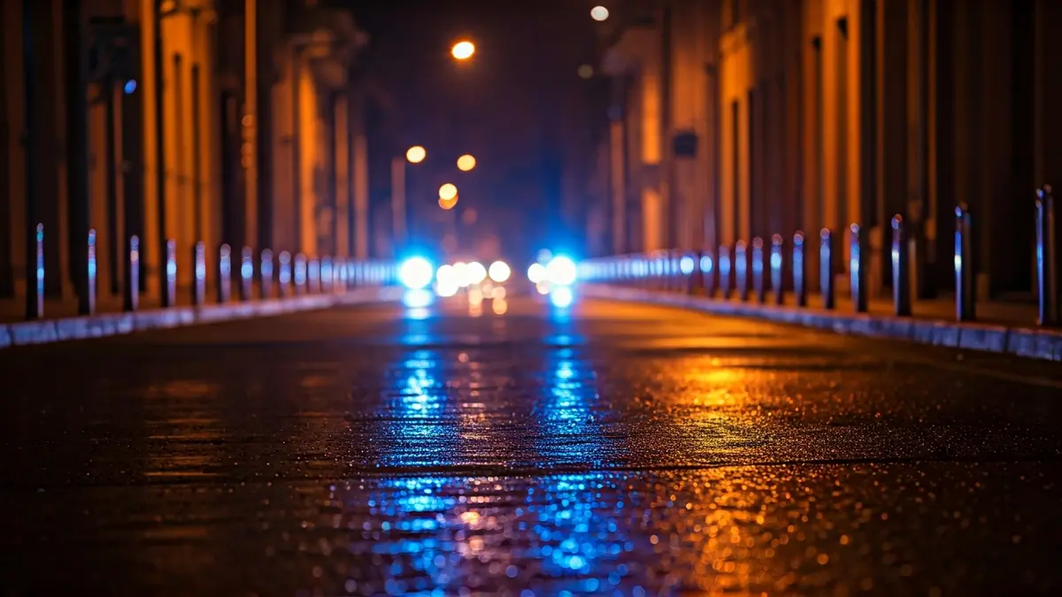 Imagen genérica de luces de emergencia de la policía reflejadas en el asfalto mojado por la noche.