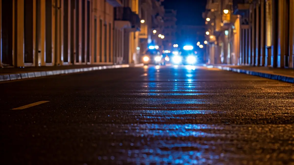 Imagen genérica de luces de emergencia policiales reflejadas en el asfalto mojado por la noche.