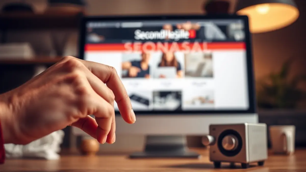 Image of an appliance being placed on a table, with a computer screen in the background showing a second-hand website.