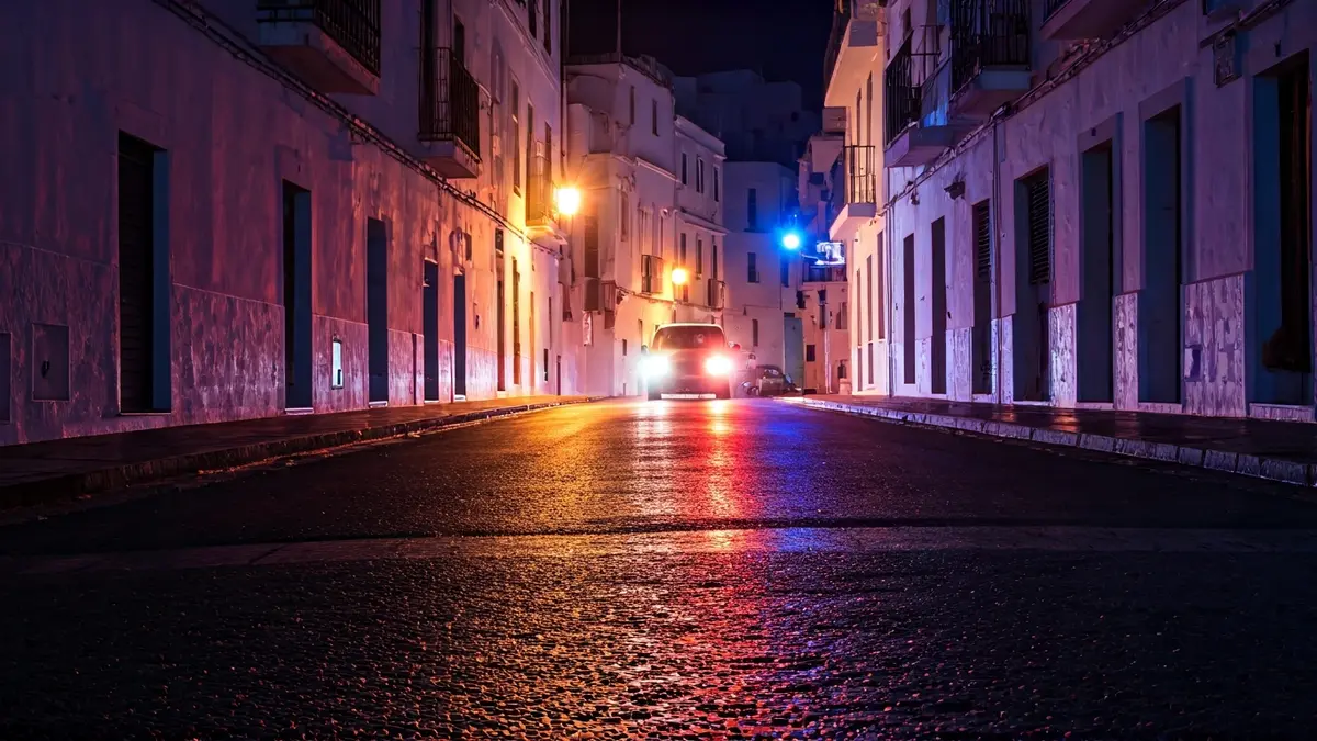 Imagen genérica de luces de emergencia policiales reflejadas en el asfalto mojado de una calle andaluza.