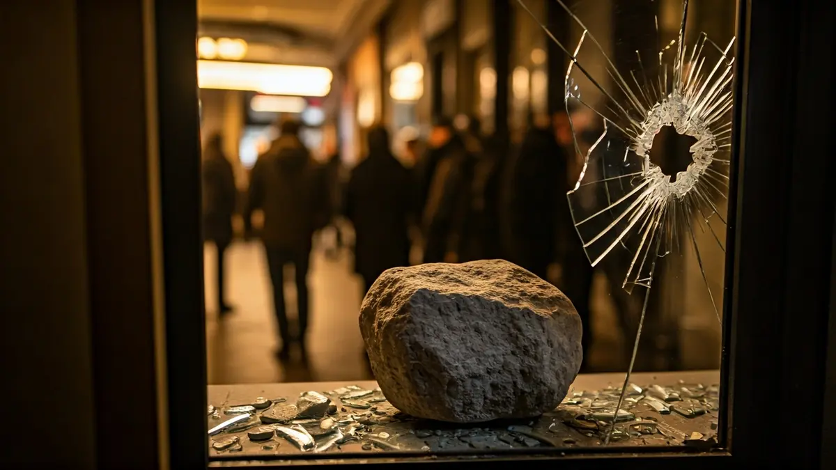 Ventana rota de un establecimiento con una piedra cerca, indicando robo con fuerza.