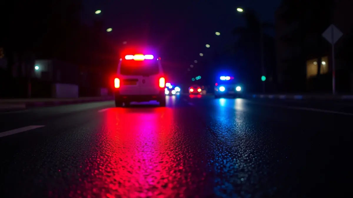 Imagen genérica de luces de emergencia reflejadas en el asfalto mojado.