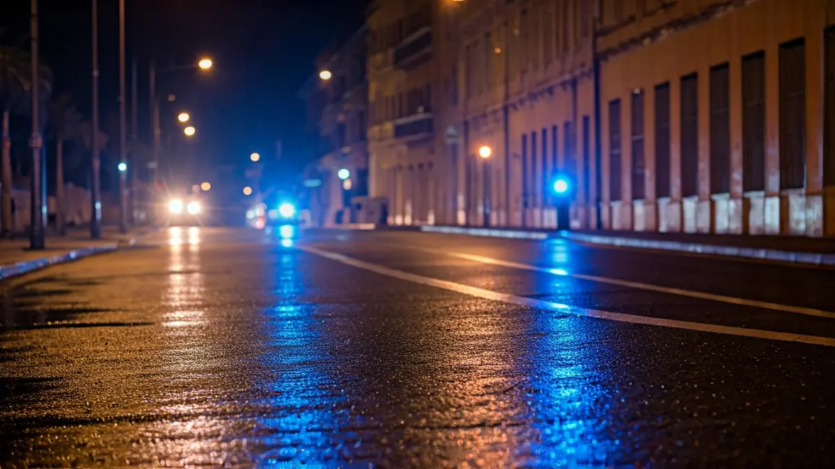 Imagen genérica de luces de emergencia policiales reflejadas en el asfalto mojado.