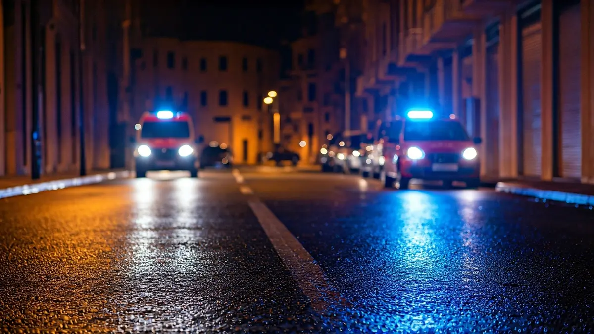 Imagen genérica de luces de emergencia policiales reflejadas en el asfalto mojado por la noche.